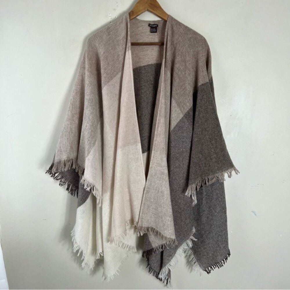 J.MCLAUGHLIN Rhon Poncho In Beige Neutral 100% Wool Cape Cardigan O/S Fringe